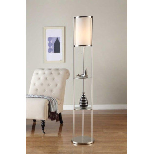 Artiva USA Exeter Modern 63-inch Brushed Steel Floor Lamp with Durable Glass Shelf and Silk Shade