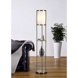 Exeter 63" Floor Lamp With Durable Glass Shelf and Silk Shade, Antique Brass